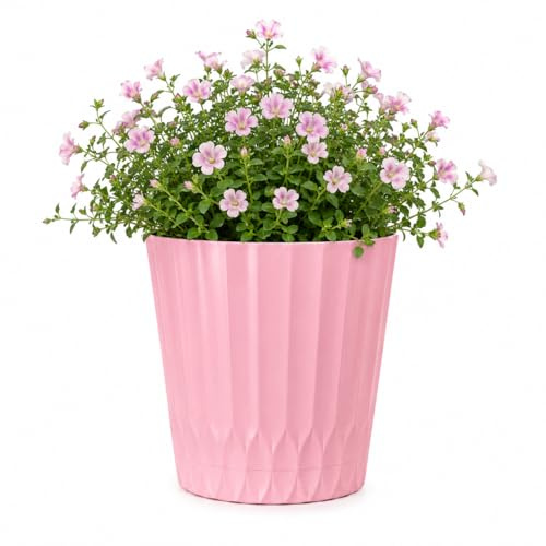Muddy Hands Decorative Pink Plant Pot with Clip-On Saucer – Indoor & Outdoor Round Plastic Planter for Flowers, Herbs & House Plants, Stylish Durable Flower Pot with Drainage Holes (1, 1 Litre)