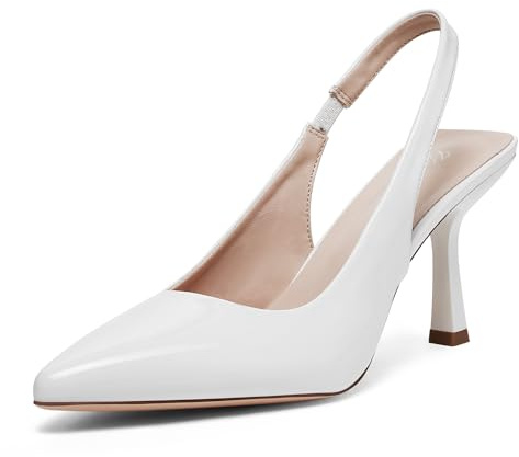 GENSHUO Women's Kitten Slingback Heels 3 inch Pointed Closed Toe Stiletto Pumps Slip on Elastic Strap Backless Wedding Party Dress Sandals Shoes, White Patent, 6.5 UK