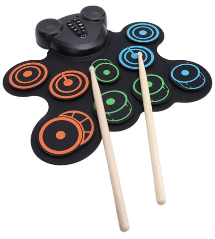 E-Drum-Übungspad, Roll-Up-Drum-Set mit Zwei Lautsprechern, 10 Pads, 7 Töne, 10 Rhythmen, Fußpedale, Sticks, Tragbares Drum-Pad mit Surround-Sound, Spiele, MIDI,