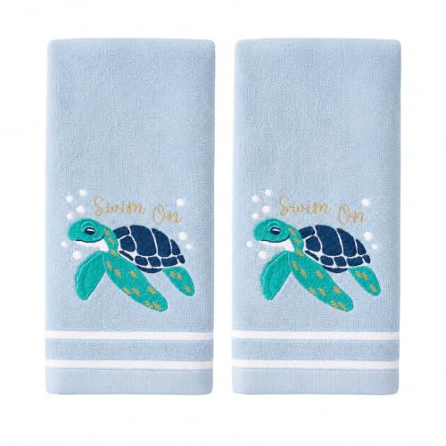 Sea Turtle Bathroom Hand Towel Set 2 Piece 40.6 x 63.5 cm Blue and Turquoise Embroidered Turtle in Light Blue Towel