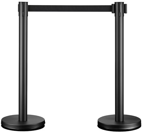 Wiltec mobile Absperrpfosten 32 x 7 x 90 cm in Schwarz mit 200 cm Zugband, Absperrständer aus rostfreiem Stahl, Personenleitsystem für Veranstaltungen