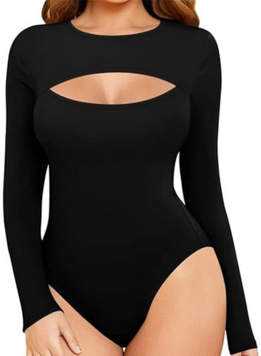 SamHeng Bodysuit for Women Long Sleeve Body Suits Mock Neck Ladies Tops Going Out Slim Fit Casual Bodysuits Leotard Skin-friendly Thong with Snap Closure(Black/L)