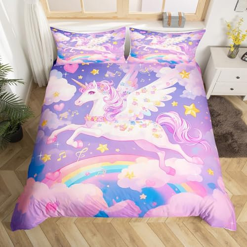 Homemissing Rose Violet Licorne Ensemble de Literie Mignon Licorne Housse de Couette 200x200cm rêve Animaux Arc - en - Ciel nébuleuse Motif Parure de Lit Femme Adolescent Licorne Cheval Literie