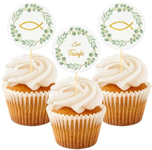 Cake Topper Taufe, 24 Stück Fisch Eukalyptus Cupcake Torte Deko, Zur Taufe Tortendeko Junge Mädchen, Personalisiert Muffin Deko Taufdeko Party Geschenke
