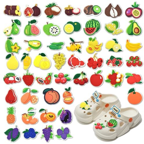 Pilikoll 50 Pcs Fruit Vegetables Shoe Decoration Charms Waterproof PVC Fruit Shoe Decorations DIY Accessories Vegetables Shoe Decor Charms for Kids Boys Girls Teens Men Women Adults