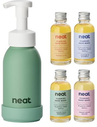 Neat Eco-Friendly Foaming Hand Wash Kit (Green Refillable Metal Handwash Dispenser 300ml + 4 Hand Soap Refills) - Dermatologically Approved for Sensitive Skin - Liquid Soap Set for Home & Workplaces