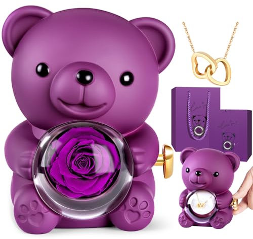 Aloskart Orso Rosa eterna con Collana a Forma di Cuore, Orsetto di Rose Stabilizzate,Regalo Dia Madre,Regalo di Natale,per Fidanzata Mamma Ragazza(Viola)