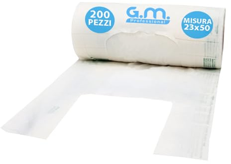 GM – 200 Buste Shopper Bio Bianche 23x50 cm con Manico, 1 Rotolo Compostabile Leggero per Ortofrutta, Spesa e Raccolta Umido, Sacchetti Idonei al Contatto Alimentare