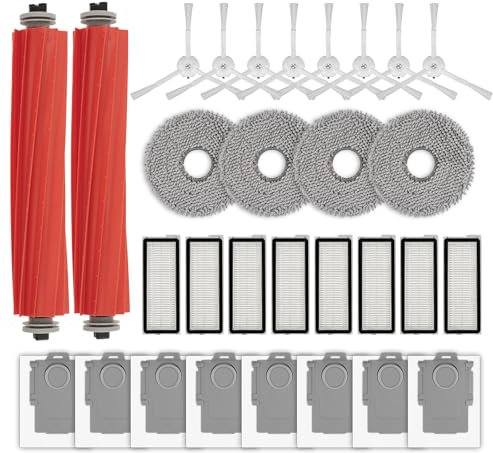 (30 Pack) Q Revo S Replacement Parts for Roborock Qrevo S, Qrevo Pro, Qrevo MaxV, QRevo Plus Robot Vacuum, 2 Roller Brushes, 8 White Side Brushes, 8 Dust Bags, 8 HEPA Filters, 4 Mop Pads