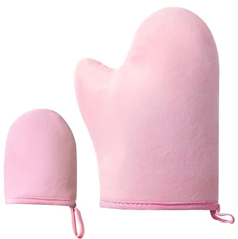 2 Pezzi Guanto Autoabbronzante Viso e Corpo, Autoabbronzante Guanti, Autoabbronzante Mitt, per Crema Abbronzante Corpo, Spray Autoabbronzante, Olio Abbronzante-Rosa