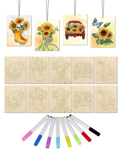 XFSRG 10 Piezas Grandes Adornos de Madera para Pintar Formas de Autos Flores y Girasoles Incluidos 8 Lápices Acuarelables para Adultos y Niños Kit de Manualidades (Girasol)