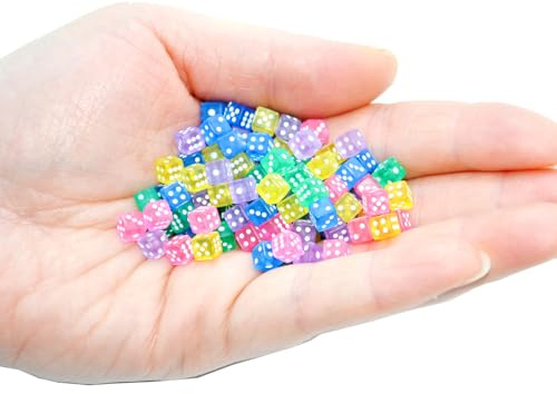 SmartDealsPro 100 verschiedene D6-Mini-Würfel, quadratisch, für Casino-Themen-Aktivitäten, Brettspiele, Mathematikunterricht, Partys (transparent, 5 mm)