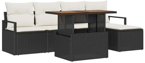 vidaXL Garten Essgruppe mit Kissen 6 pcs Schwarz und Creme, Garten- und Terrassenmöbel, modulare, rechteckige, verstellbare Füße, Essgruppe fürs Freie, praktisch