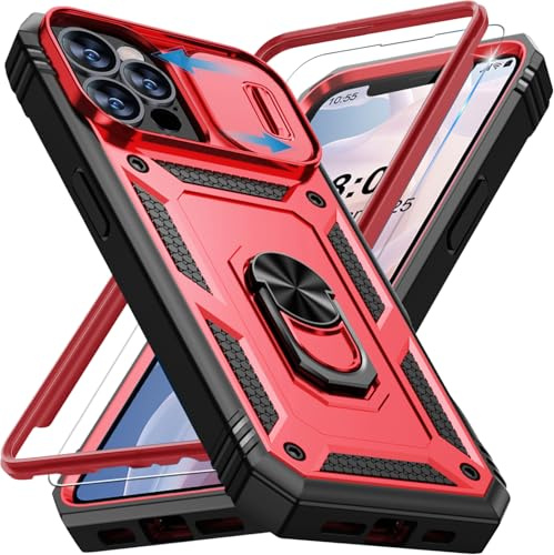 Giyer Handyhülle für iPhone 12 Pro Max Hülle mit Schutzfolie, Panzerhülle Case mit Kameraschutz 360° Metall Ring Ständer Stoßfest Bumper Schutzhülle für iPhone 12 Pro Max Cover Tache (Rot)