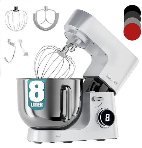 Heinrichs´s Küchenmaschine, Knetmaschine, Teigmaschine, 2500W Küchengerät, Doppel-Knethaken, Rührhaken, Schneebesen, 8 einstellbare Geschwindigkeiten, XXL 8L Edelstahlschüssel,geräuscharm, Sternsilber