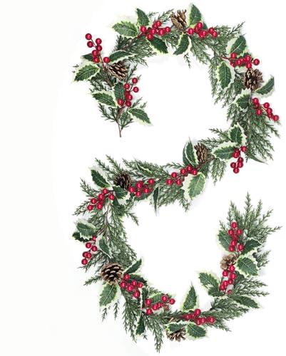 1,95 m Weihnachtsgirlande mit Tannennadeln, roten Beeren und Zapfen – Dichte künstliche Dekogirlande mit 100 Zweigen, 16 Beerentrauben & 8 Zapfen – Für drinnen & draußen