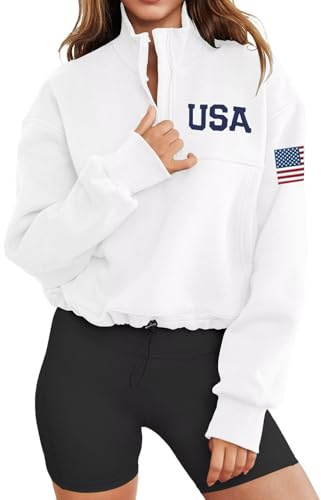LEEDYA Damen-Sweatshirt, langärmelig, amerikanische Flagge, halber Reißverschluss, Oversize, lässiger Pullover, Oberteil, Herbstgrafik, 4. Juli, USA-Hemd