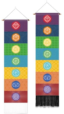 PLIGREAT 2er Pack Wandteppiche Mit Chakra Muster Bunter Yoga Wandbehang Mit Quasten Chakra Meditations Wandteppich Für Schlafzimmer Wohnzimmer Heimdekoration Bunte Kunst Wandteppiche 130 x 33cm
