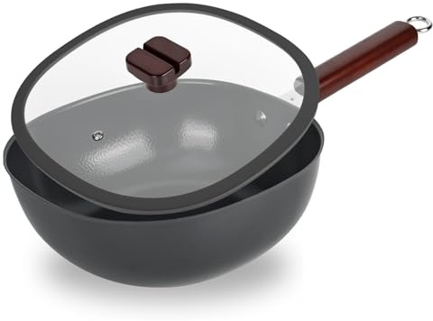 YHNDECO Eisenpfanne Geschmiedet, 24cm Unbeschichtete Handgeschmiedete Eisenpfanne, Bratpfanne Mit Glasdeckel, Big Belly Pot, Japanische Eisenpfanne Geschmiedet für Gasherd und Induktion
