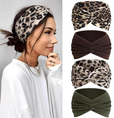 Kavya Pannband för Kvinnor, 4-Pack, Brett Elastiskt Boho Knuttat Hårband, Vintage Tie Dye Mönster, Sport Yoga Smink Spa Mode (Brun, grön, mörkbrun, ljusbrun)