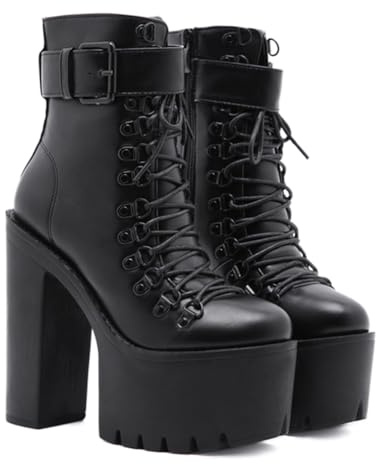 HFWXYSA Donna Gli Stivaletti Tacco Alto Plateau Punta Rotonda Zip Laterale Tacco A Blocco Stivali con Fibbia Laccio,Nero,38 EU