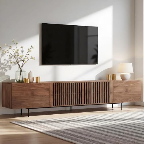 TFFCIC Walnut 180cm Long TV Stand Unit, Extra Large Fluted Wood TV Cabinet with Storage, Wide Media Unit for Living Room or Bedroom 55 65 75 85 Inch TVs