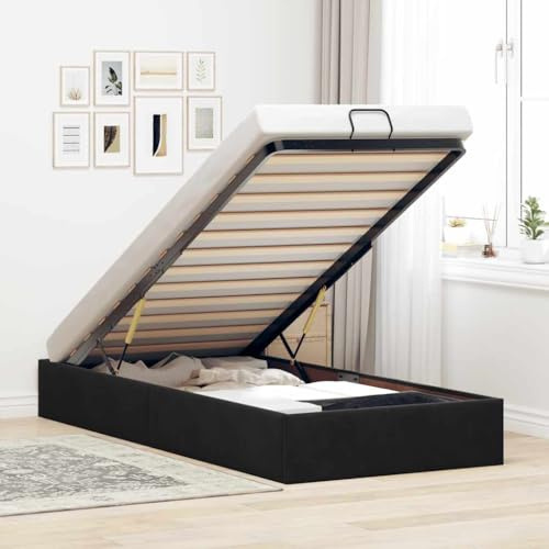 Holamys Ottoman Bett Schwarz 90x200 cm, Samt Stoff, Hydraulischer Hebemechanismus, Stauraum, Robustes Metall-Holz-Gestell, Kein Boxspringbett nötig