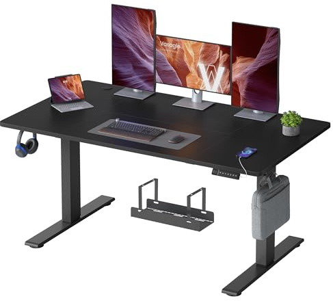 VASAGLE Höhenverstellbarer Schreibtisch, 140 x 80 cm, USB-C-Anschluss | Schreibtisch, Ablage für Steckdosenleiste, 3 Speichertasten, Erinnerung bei langem Sitzen, tintenschwarz LSD144BZ02