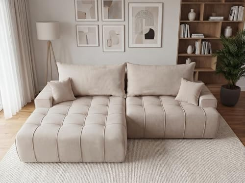 GRAINGOLD Tulio Ecksofa mit Schlaffunktion und Bettfunktion, 270x165 cm, L-Form Sofa, Schlafcouch für Wohnzimmer, Veloursstoff, 3-Sitzer Eckcouch, Ecksofa mit Stauraum (Beige, Links)