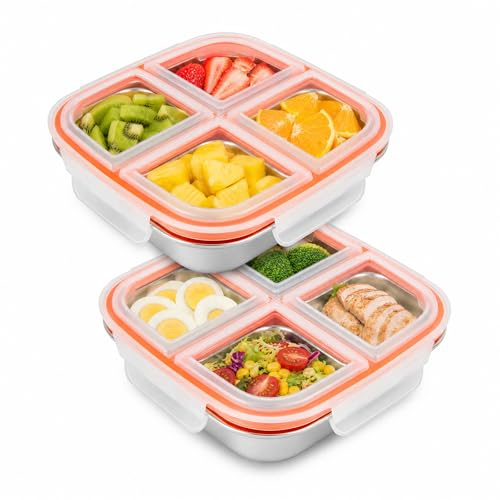 Taichaeu 2 Stück Snackbox mit 4 Fächern Edelstahl, Brotdose 600ml für Kinder & Erwachsene, Auslaufsichere Lunchbox mit Deckel für Schule, Arbeit & Camping