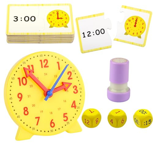 Kapokr Lernuhr Lernspieluhr Modell zur Zeitvermittlung und Demonstration | Lernuhr Enthält 3 Würfel 12 Zeitkarten und 1 Stempel Geeignet Als Lernspiel Einschulungsgeschenk und Pädagogisches Geschenk