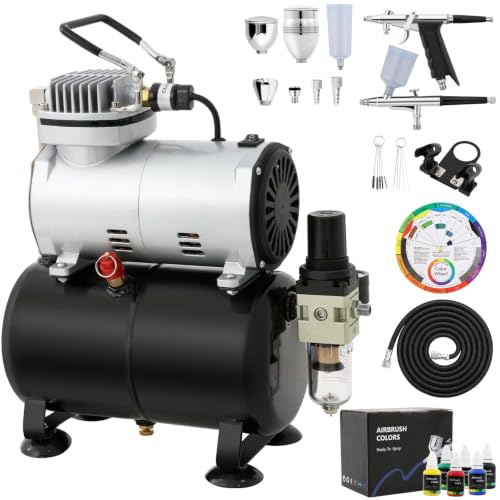 Airbrush-Set mit Kompressor, Airbrush-Farb-Set inklusive 2 Airbrush-Pistolen, Komplett-Ausrüstung mit Manometer & Luftfilter, ideal für Malerei und Tattoo-Kunst