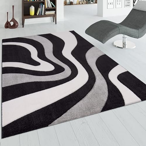 Paco Home Designer Teppich mit Konturenschnitt Wellen Muster Schwarz Grau Weiss, Grösse:80x150 cm