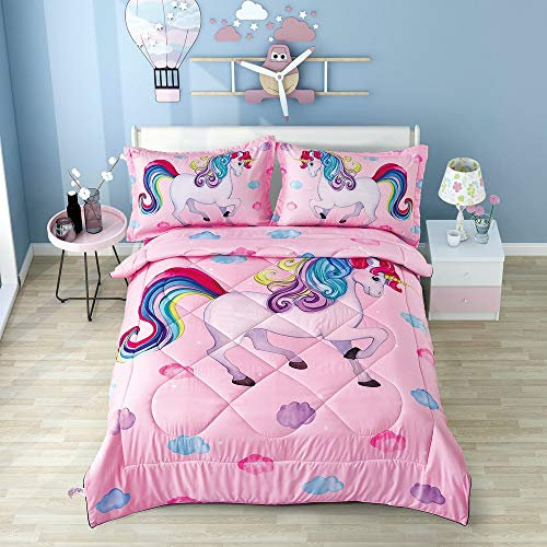 Wowelife Pinkes Einhorn-Bettwäsche-Set mit Wolken und buntem Einhorn mit Schmusetuch, Bettlaken, Spannbetttuch und 2 Kissenbezügen (rosa Einhorn, Queen)