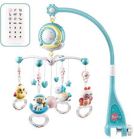 Giostrina Culla Neonati con Telecomando Musicale Proiettore Stelle Sonaglio Girevole a 360° Giostrina Lettino Multifunzione (Blu)