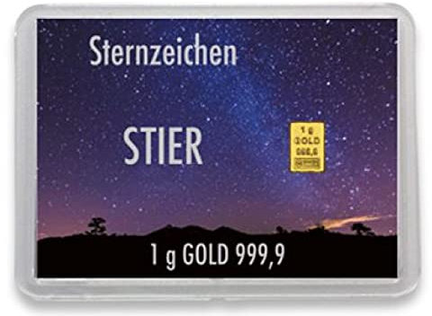Goldbarren 1g – Sternzeichen Motivbox – Geschenk - Valcambi ESG - Feingold 999,9 (Stier: 21. April - 20. Mai)