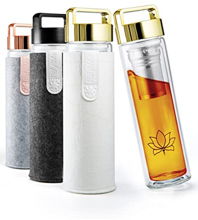 REFYLL Teeflasche mit Filter “teaFyll” 450ml I Teeflasche mit Sieb to Go 0,5l für warmen & kalten Tee I Doppelwandige Glasflasche aus Borosilikatglas + Fruchteinsatz für Eistee & Infused Water