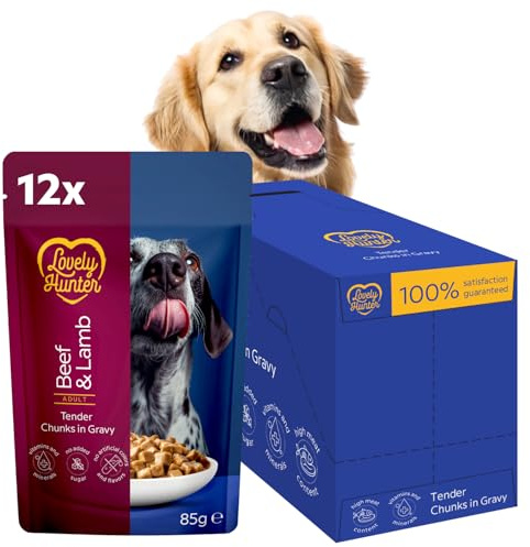 Lovely Hunter Hunde-Nassfutter, Gelenke, Rind und Lamm 12 x 85 g | Zarte Stückchen in saftiger Sauce, Vitamine A D3 E, Ohne künstliche Farbstoffe, Täglich, Erwachsene Hunde, 12 Beutel