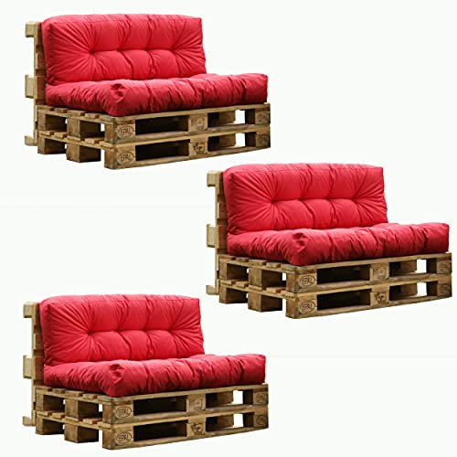 6er Set Palettensitzkissen rot 120x80 cm und 120x40 cm mit Rückenkissen Outdoor Palettenauflage Polster gesteppt wasserabweisend