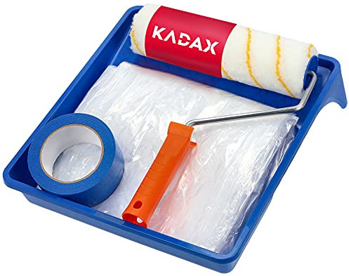 KADAX Malerset, 5 tlg: Rolle, Rollengriff, Malerfolie, Abtropfgitter, Malerband, komplettes Hausmaler-Set, Renovierungs-Set, Farbroller-Set (5 Teile)