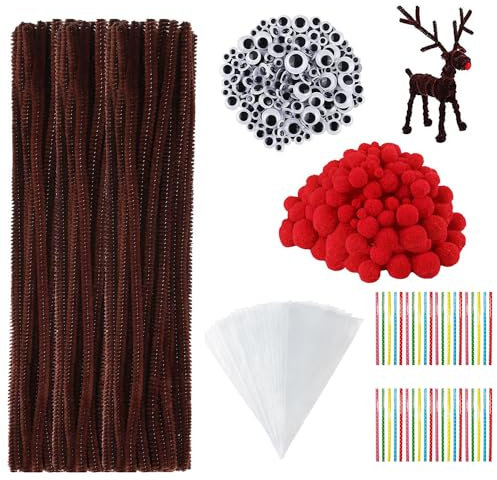 650 Stück Pfeifenputzer Set,150 Stück Wackelaugen Selbstklebend,150 Stück Rote Pom Poms,150 Stück Pfeifenreiniger Braun,Pfeifenputzer Set,Bastelzubehör Kinder,Chenille Draht,Weihnachten Rentier