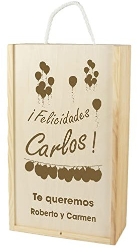 CALLE DEL REGALO Caja de Madera para dos Botellas de Vino grabada con Nombre y dedicatoria