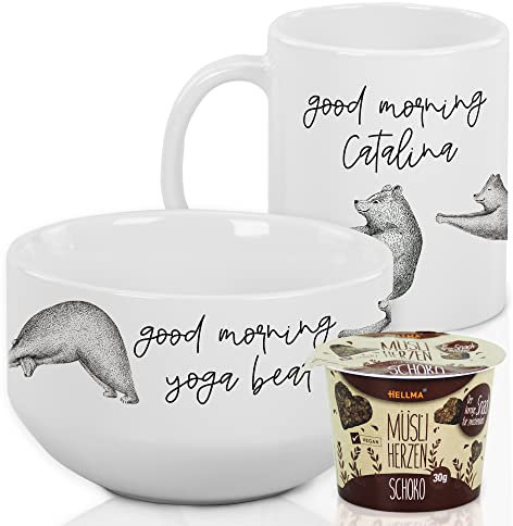 GRAZDesign Frühstücksset mit Müslischale und Tasse, Frühstücks-Geschirr-Set, mit Namen personalisiert Lustige Müslischalen Good Morning mit Yoga Bär, aus Keramik