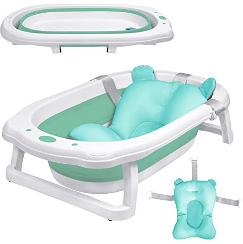 UISEBRT Faltbare Baby Badewanne Babywanne Kinderbadewanne Baby-Duschwanne mit Ergonomischem Badekissen Platzsparend Anti Rutsch Badewanne für Neugeborene, Babys ab 0 Monaten, Grün