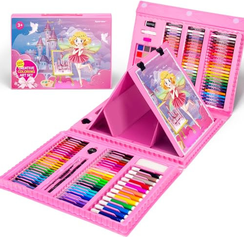 Spardar Pinturas para Niños, 240 Piezas Pinturas para Niños con Caballete Triple, Kit De Dibujo con Pasteles al óLeo, Crayones, Marcadores, Pastel De Acuarela, Regalo para Niños Principiantes Artistas