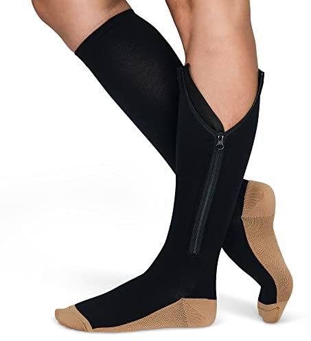 TheraMagic™ Calze a compressione con cerniera per uomini e donne, 20-30 mmHg punta chiusa graduata rame con cerniera calza a compressione, Nero/Rame, Large/X-Large