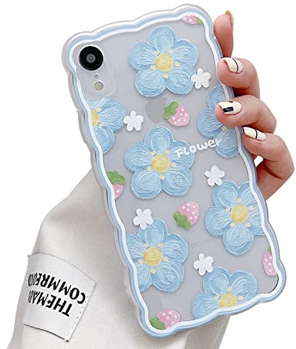 LSOUGUK Compatible with iPhone XR Case for Women Girl,Cute Floral Flower Pattern Protection Case Fashion Slim Soft Silicone TPU Protective Shockproof Cover for iPhone XR 6.1"-Blue
