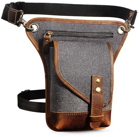 Herren Canvas + Leder Motorrad Reiten Tasche Beinbeutel Beintasche Außenbeintasche Hüfttasche Drop Leg Tasche FB211-6 (211-6 Grau)