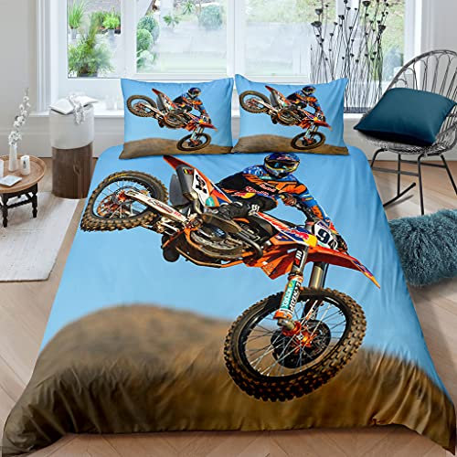 XPINGO Kinder Bettwäsche Motocross 135x200 cm 2teilig Jungen und Mädchen 100% Mikrofaser Sommer Weiche Winter Warm Bettbezüge 3D Cool Motorrad Bettbezug mit Kissenbezüge 80x80 cm