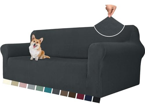 YSTELLAA Stretch Sofa Überzug 3 Sitzer, Sofaschoner rutschfest Mit Armlehne, Universal Jacquard Sofabezug, Dicke Sofabezug Für Hunde Katzen Und Haustiere, Waschbare Sofa Cover, Dunkelgrau